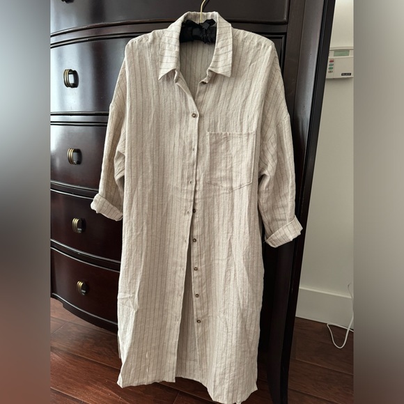 Rebecca King one-of-a-kind sample oatmeal linen stripe duster with pockets - Picture 4 of 15